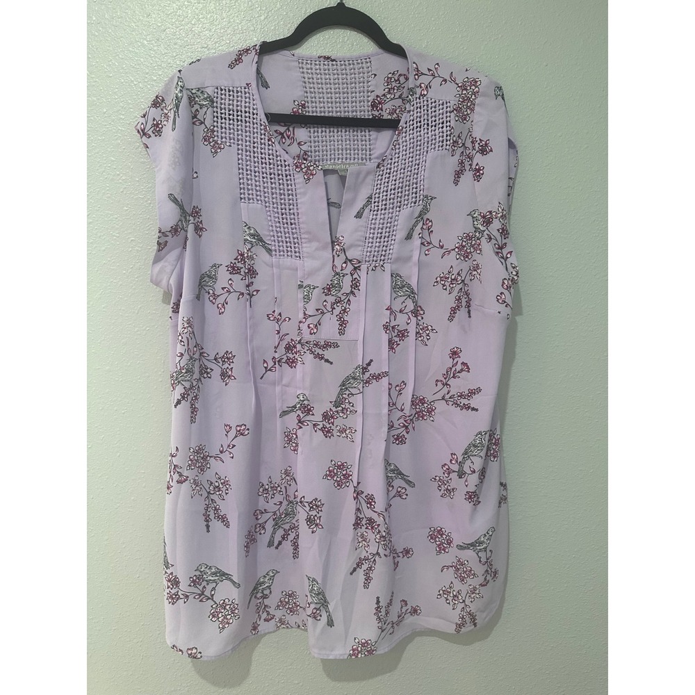 Daniel Rainn Lavender Bird Floral Crochet Lace Pintuck Blouse 1X Purple Top